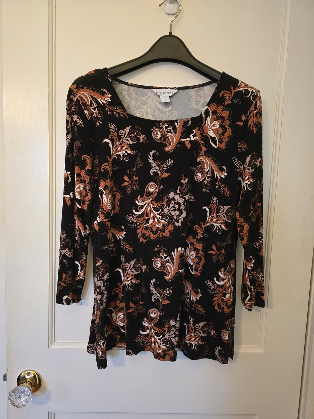 Liz Claiborne Black and Brown Paisley-Print Scoop Neck Top MED